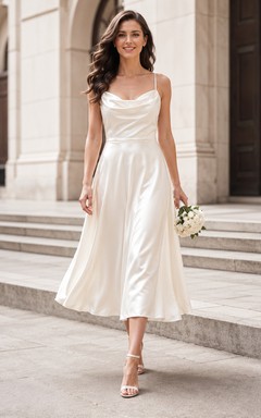 Modern Civil Satin A Line Cowl Spaghetti Tea Length Courthouse Wedding Dress