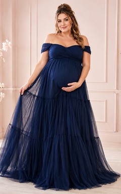 Dark Navy Plus Size Maternity Off-the-Shoulder Tulle Tiered A-Line Dress