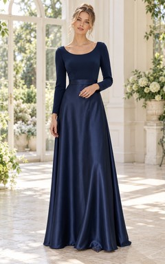 Mitternachtsblaues, formelles, bodenlanges Abendkleid aus Satin mit Rundhalsausschnitt, langen Ärmeln, Wasserfallausschnitt am Rücken und A-Linien-Schnitt