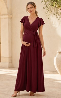 Robe de soirée bordeaux de maternité portefeuille à col V et manches papillon, coupe empire, longueur au sol