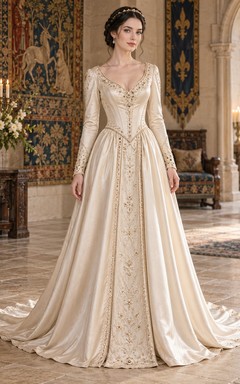 Vintage Medieval Long Sleeve V-neck Panelled Satin A-line Wedding Dress