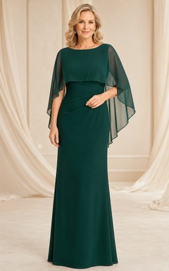 Dark Green Floor-Length Sheath Modest Mother of the Bride Dress with Scoop Neck Asymmetrical Chiffon Cape Overlay