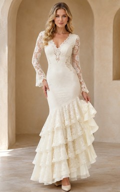 Vintage Ivory V-Neck Long Bell Sleeve Lace Mermaid Tiered Floor-Length Flamenco Dress