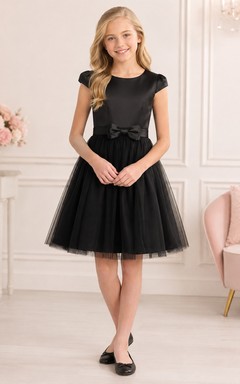Black Short Cap Sleeve Satin Tulle A-Line Bow Flowergirl Dress
