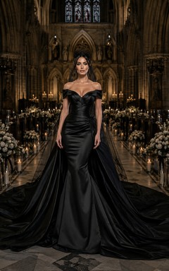 Black Off-the-Shoulder Satin Mermaid Wedding Dress with Overskirt