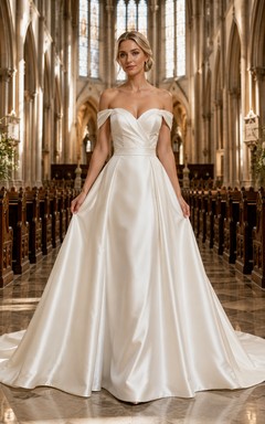Off Shoulder Sweetheart Satin A Line Cathedral Train Wedding Dress