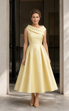 MOB-Kleid, narzissengelb, Satin, A-Linie, U-Boot-Ausschnitt, Teelänge, drapiert
