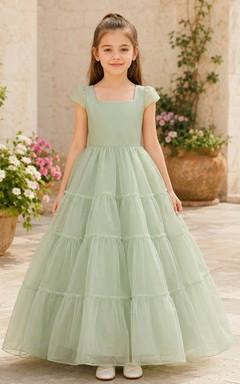 Flower Girl Dress Sage Tulle A-Line Short Sleeve Jewel Neck Floor Length Tiered Skirt