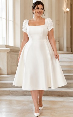 Robe de mariée grande taille en satin, coupe trapèze, manches bouffantes, col carré, grande taille, longueur thé