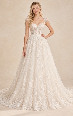 Sweetheart Cap Sleeve Floral Lace Soft A-Line Wedding Dress