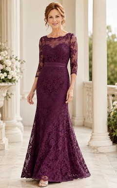 Plum Mother Lace Three Quarter Sleeve Floor Length Mermaid Formal Dress