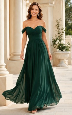 Dark Green Off-Shoulder Sweetheart Pleated Chiffon A-Line Floor-Length Bridesmaid Evening Dress