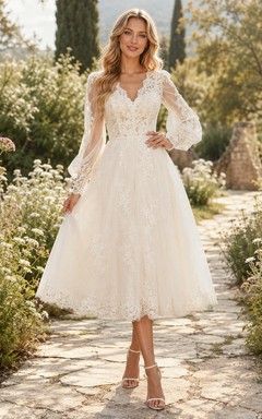 Bohemian Tea-Length V-Neck Three-Quarter Lace Country Vintage Romantic Wedding Dress