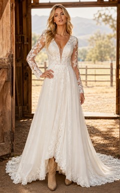 Brautkleid im Landhausstil mit Spitze, A-Linie, herzförmigem Schnitt, langen Ärmeln, Schleppe und tiefem V-Ausschnitt am Rücken