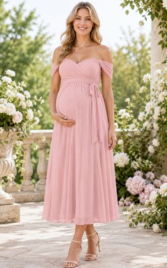 Blush Expectation Dusty Rose Empire Tea-Length Off-Shoulder Short-Sleeve Chiffon Romantic Maternity Dress