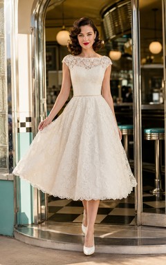 Illusion Cap Sleeve Lace Tea Length Retro Bridal Dress