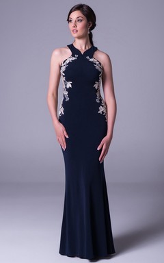 Robe de bal fourreau maxi sans manches en jersey à appliqués