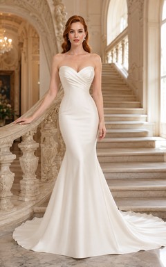 Robe de mariée sirène en satin, bustier, longue jusqu'au sol, dos nu plongeant.