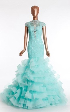 Sheath Long High Neck Bell Cap Beading Embroidery Ruffles Court Train Lace-Up Back Tulle Lace Dress
