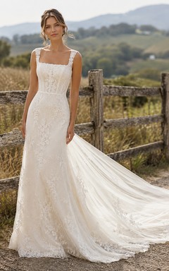 Square Strap Sheath Lace Country Wedding Dress with Detachable Tulle Chapel Train