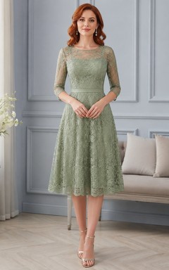 Robe cocktail mi-longue en dentelle, manches trois-quarts, couleur sauge, style modeste