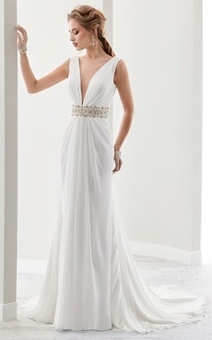 Deep-V Chiffon Draping Bridal Gown With Pleated Details And Open Back