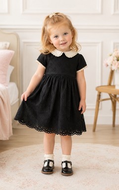 Black Jewel-Neck Cap-Sleeve Cotton Lace A-Line Mini Scalloped Adorable Flowergirl Dress