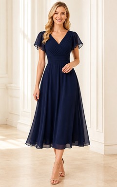 Navy V-Neck Short Sleeve Chiffon A-Line Tea-length Flutter Garden Dress