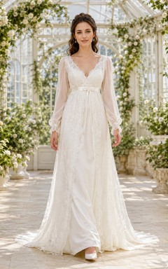 Romantic V Neck Lace Wedding A Line Long Illusion Sleeve Court Train