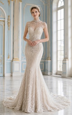 Vestido de novia clásico de tul con cola larga para ceremonia.