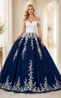 Marineblaues, botanisches Ballkleid mit schulterfreiem Schnitt, kurzen Ärmeln und Tüll-Kapellenhochzeitskleid