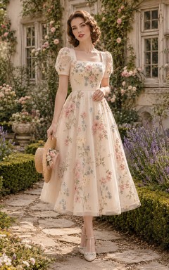 Pastellfarbenes Brautkleid mit Blumenmuster, eckigem Ausschnitt und Teelänge für den Garten