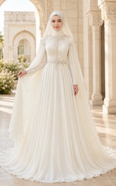 Vestido de novia musulmán de gasa plisada con mangas tipo capa y cuello alto, corte en A
