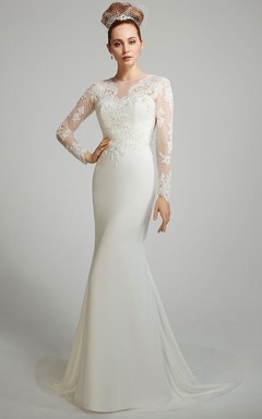 Sheath Long-Sleeve Scoop-Neck Floor-Length Chiffon Wedding Dress With Appliques And Illusion
