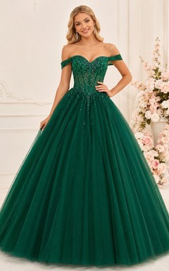 Dark Green Junior Pageant Sequined Off-the-shoulder Tulle Ball Gown Floor-length Dress
