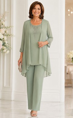 Jumpsuit, knöchellang, Rundhalsausschnitt, 3/4-Ärmel, Chiffon-Hosenanzug mit Jacke