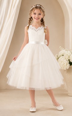 Vestido de comunión de tul sin mangas con encaje festoneado, largo hasta la rodilla, para niña de las flores.