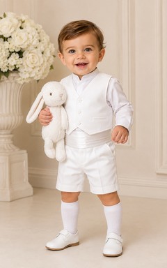 White Button Vest Bow Tie Short Formal Christening Set for Baby Boy