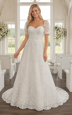 Vestido de novia vintage de manga corta, corte A, escote corazón, encaje rosa, cola de capilla