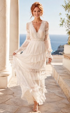 Robe de soirée ivoire en mousseline de soie et dentelle à manches longues, coupe trapèze