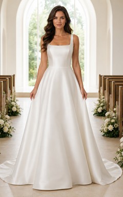 Modern Square Neck Satin A Line Chapel Bridal Gown