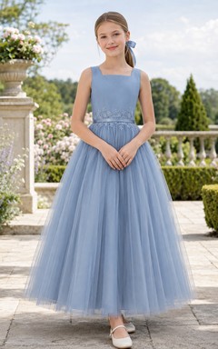 Steel Blue Sleeveless Tulle Floor-Length A-Line Formal Elegant Flower Girl Dress
