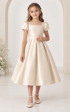 Tea-length Square-Neck Simple Ivory A-line Satin Puff-sleeve Bow-back Flower Girl Dress