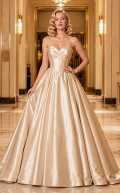 Champagne Vintage Strapless Sweetheart Pleated Satin Quinceanera Formal Princess Ball Gown