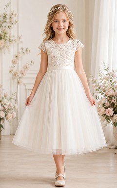 Romantic Crochet Lace Cap Sleeve Tulle Flower Girl Tea-Length Garden Dress