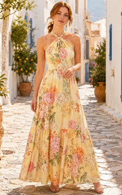 Yellow Floral Halter Neck Resort Summer Maxi Dress