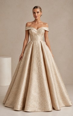 Champagne Taffeta Off-the-Shoulder Ball Gown Pleated Formal Dress