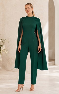 Dark Green High Neck Cape Formal Guest Pantsuit