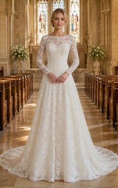 Kapellenhochzeitskleid mit tiefer Taille, langen Ärmeln und Spitze