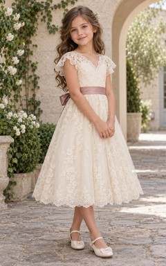 Vestido de niña de flores modesto, de corte A, color marfil, con estampado floral, encaje, mangas cortas y fajín de rosas.